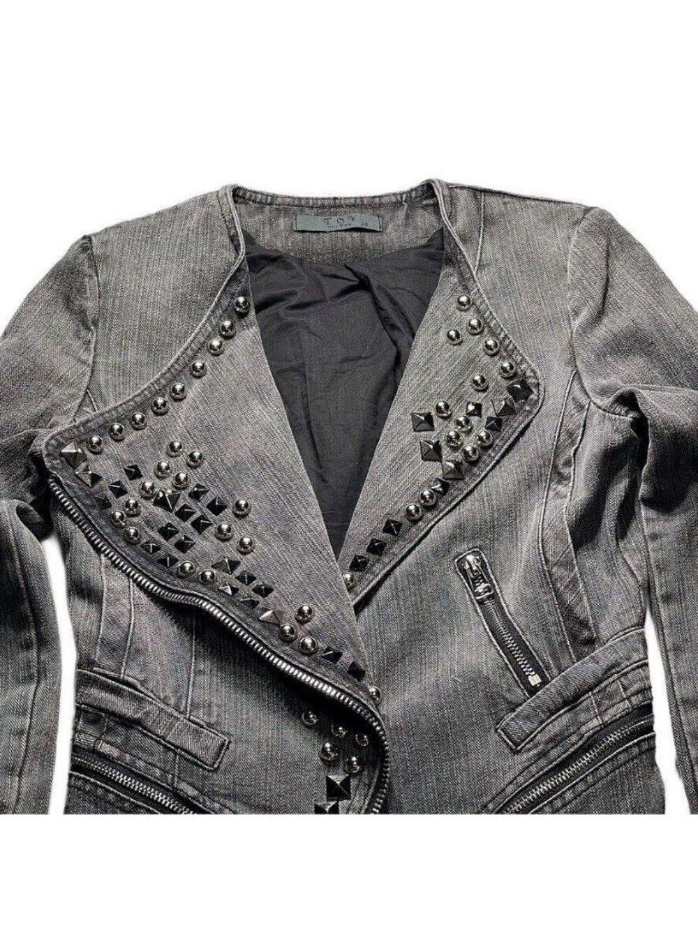 TOV HOLY G Denim Jacket Gray Cotton Embellished Moto Jean Jacket Women's Size S - Picture 10 of 16